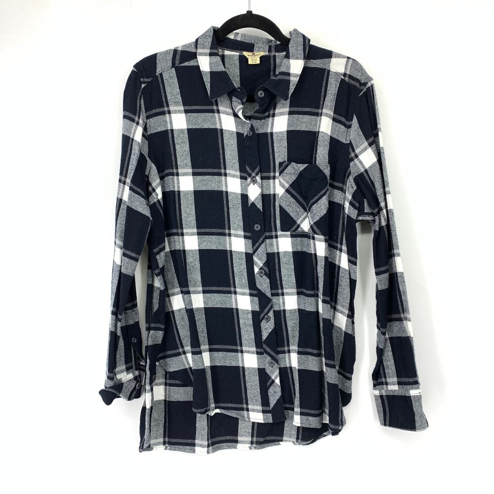 Woolrich Long Sleeve Button-Up Flannel Shirt Womens XL Black White Large Plaid